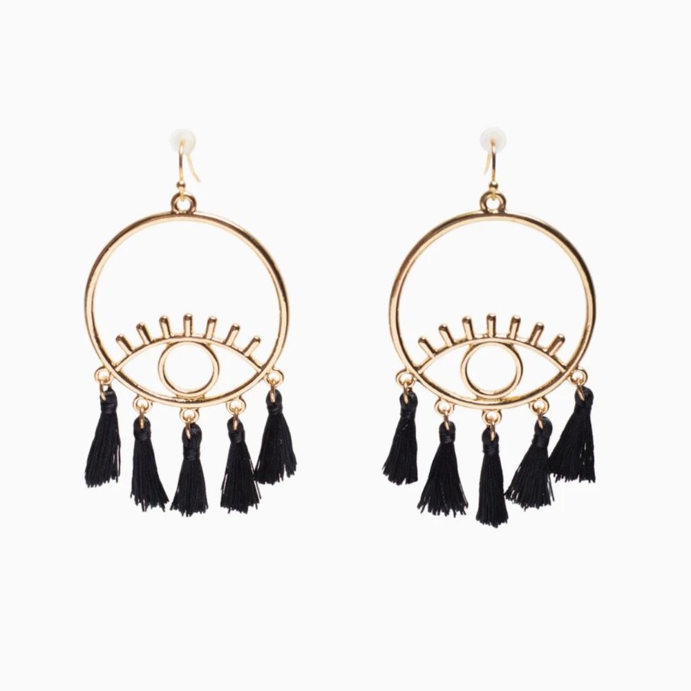 All Seeing Tassel Earrings in Black